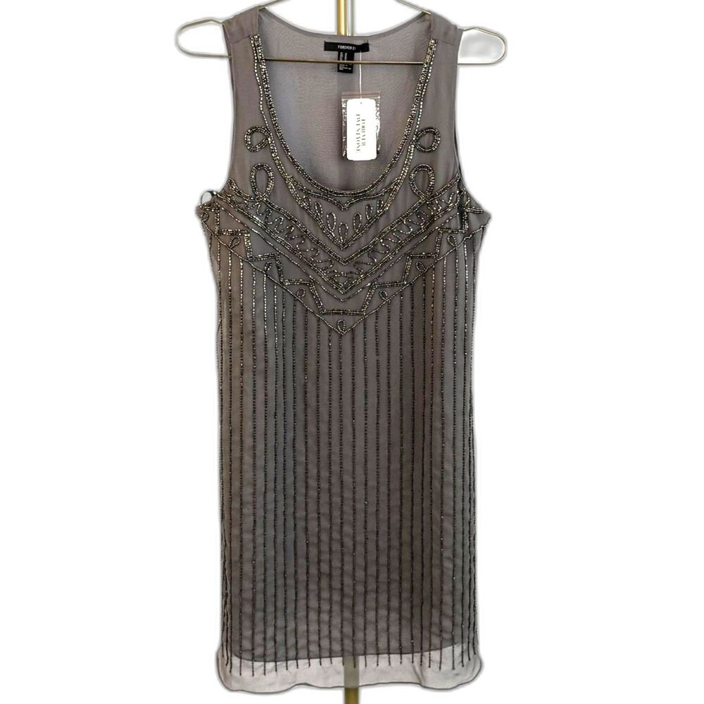 Forever 21 Junior's Gray Beaded Embellished Sleeveless Shift Dress Size Med NWT